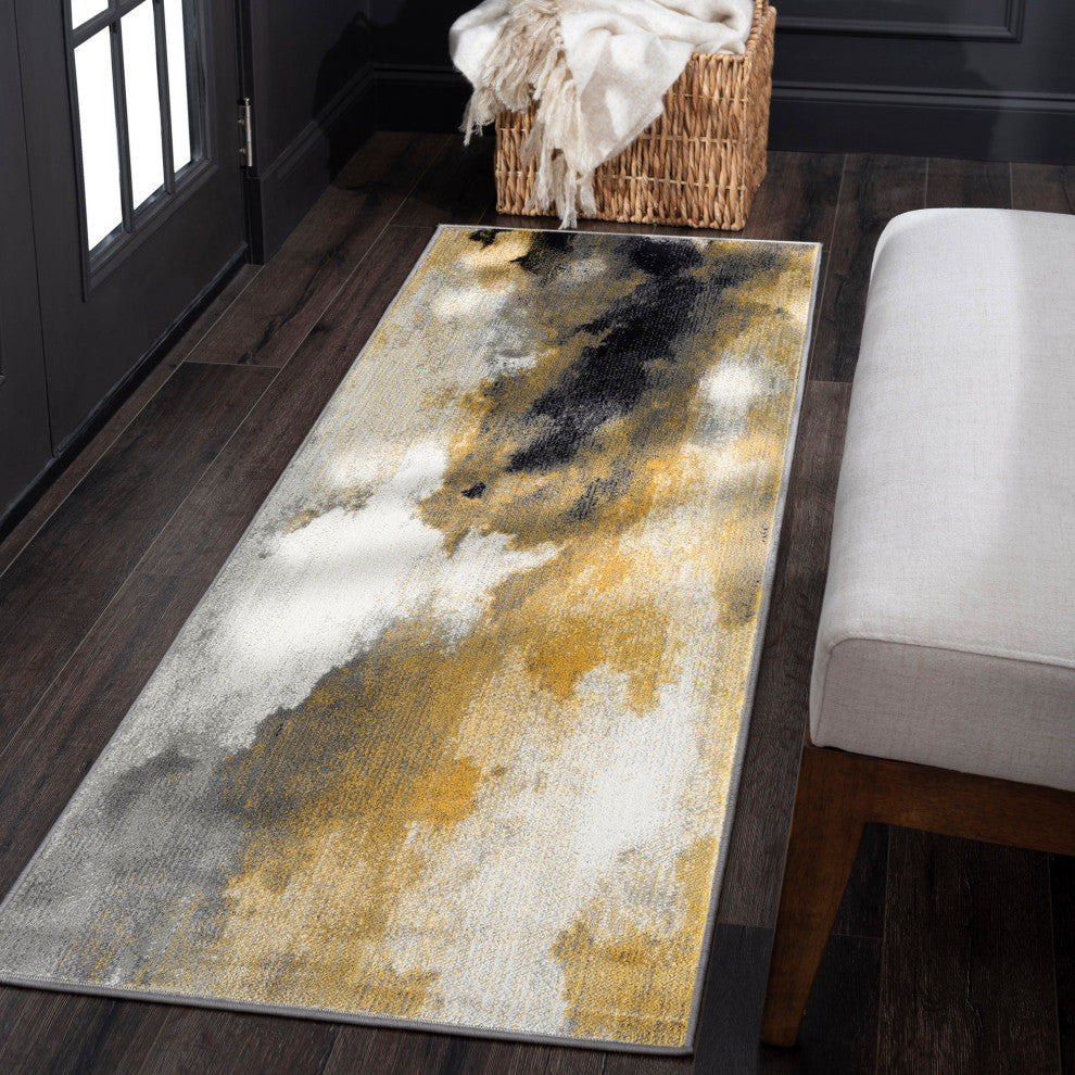 Murrow Contemporary Abstract Yellow/Cream Runner Rug, 2''3''''x7''3''''