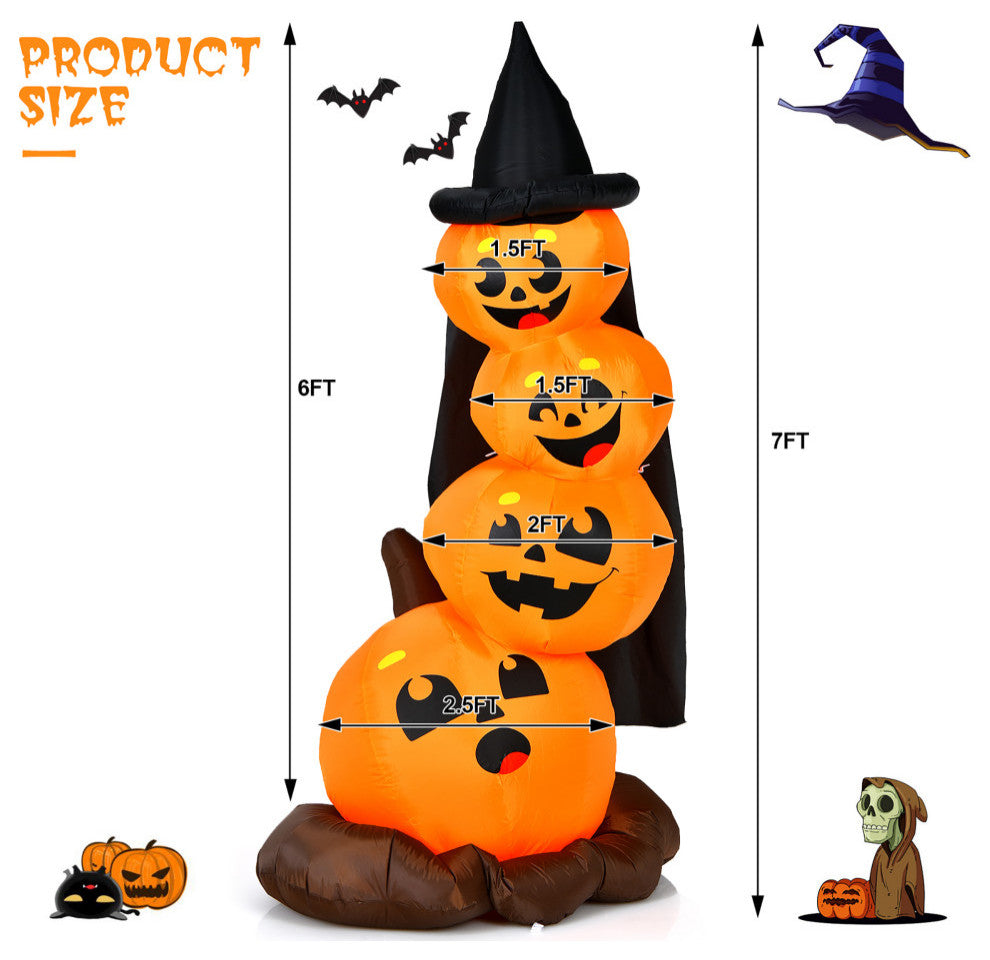 Costway 7 FT Halloween Inflatable Pumpkin Combo Blow up Pumpkins w/ Witch"™s Hat