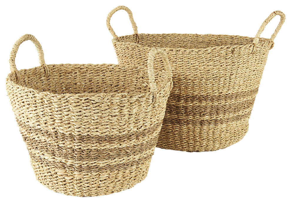 Vance Light Brown Palm Leaf and Seagrass Round Basket With Handles, 2-Piece Set