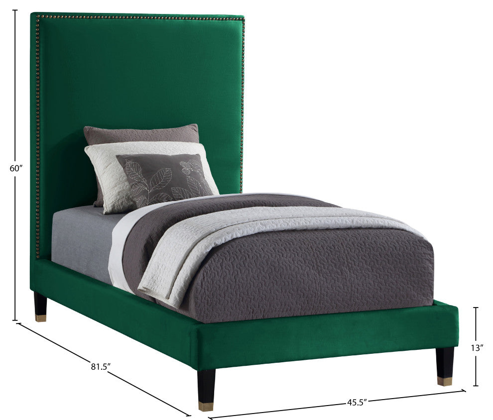 Harlie Velvet Upholstered Bed, Green, Twin