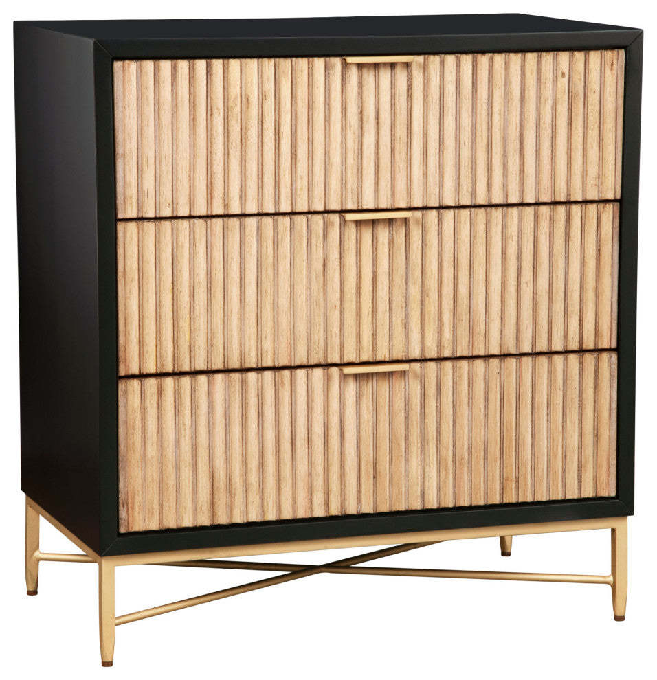Benzara BM269165 Accent Chest With 3 Corrugated Drawers and Metal Base, Black