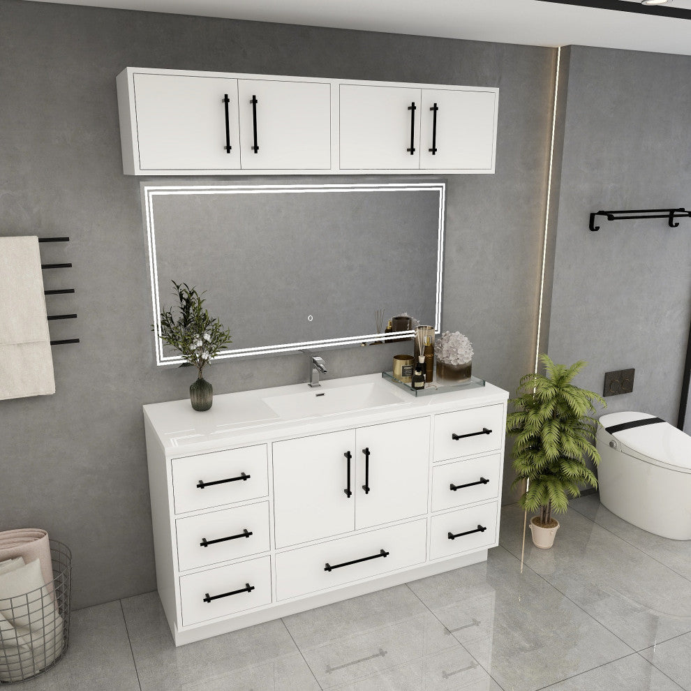 Victoria 60" Solid Wood Vanity Single Sink, Overhead Cabinet, Glossy White