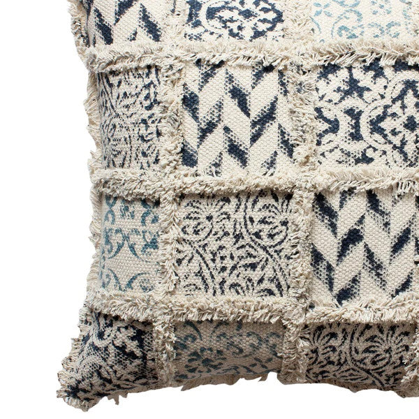 Benzara BM200569 18 x 18 Hand Block Printed Cotton Pillow , Beige and Blue