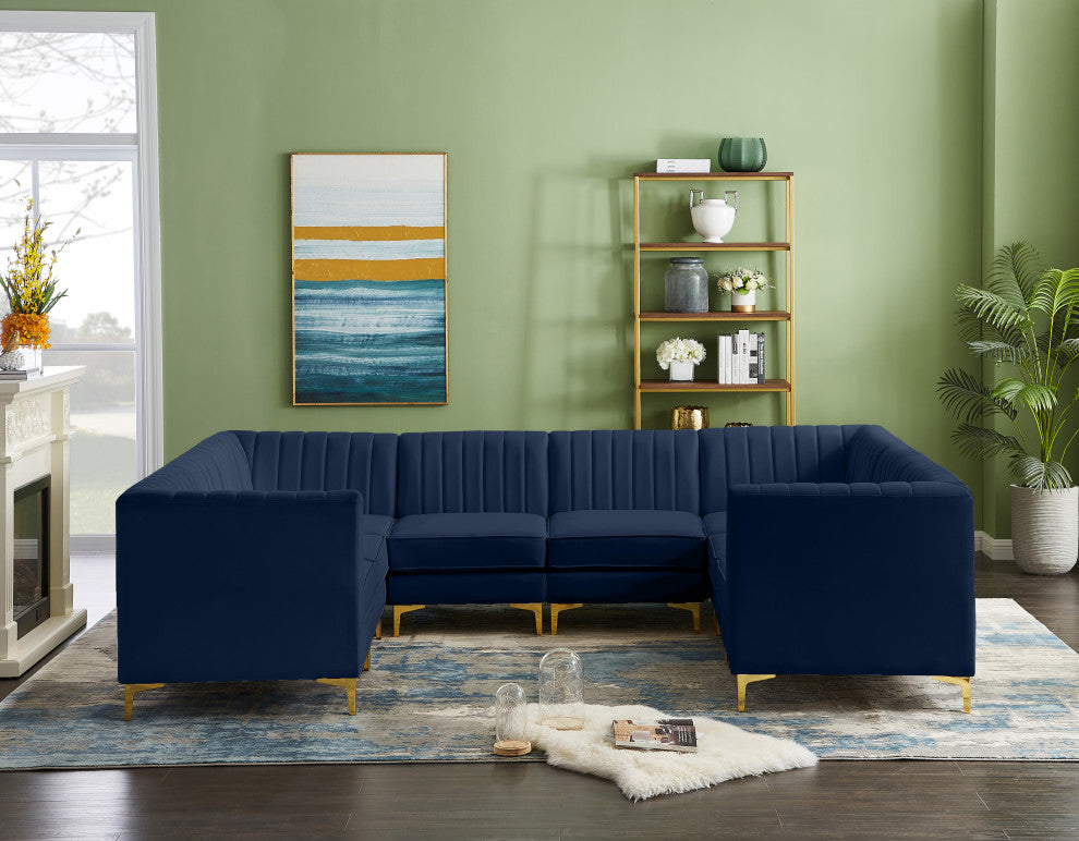 Alina Velvet Modular U-Shaped Sectional, Navy, 8-Piece: 4 Armless Chair, 4 Corner Chair