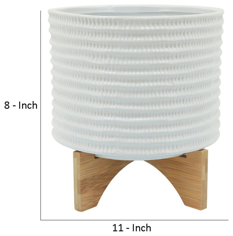 Ceramic Planter with Textured Pattern and Wooden Stand, White