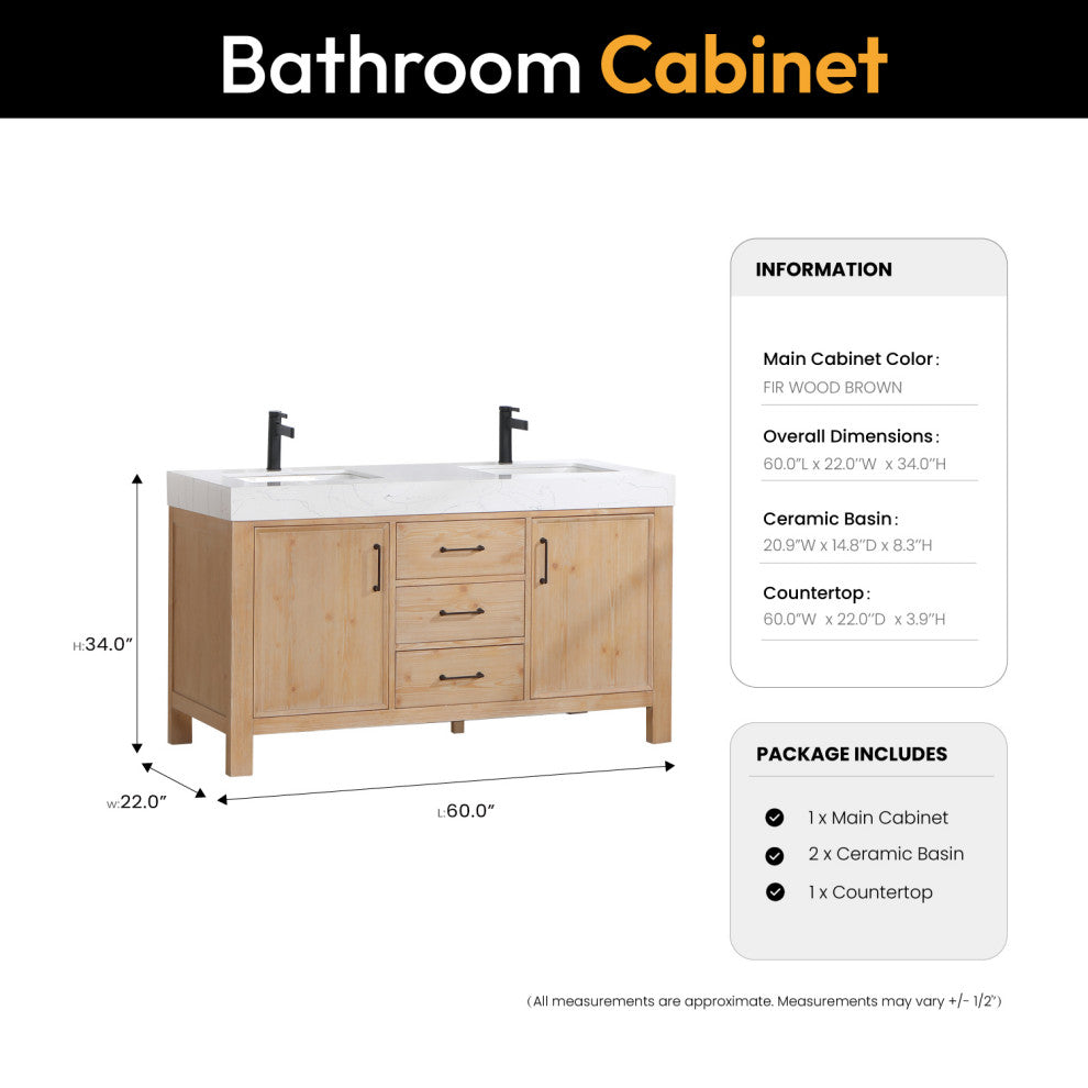 Leon Bath Vanity With Composite Stone Top, Fir Wood Brown, 60" Double Sink, No Mirror