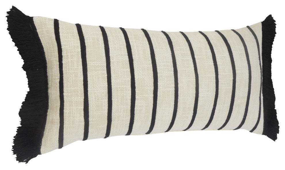 Stiped Ivory and Black Fringe Pillow