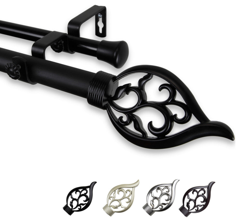 Clair 1" Double Curtain Rod, Black, 160-240"