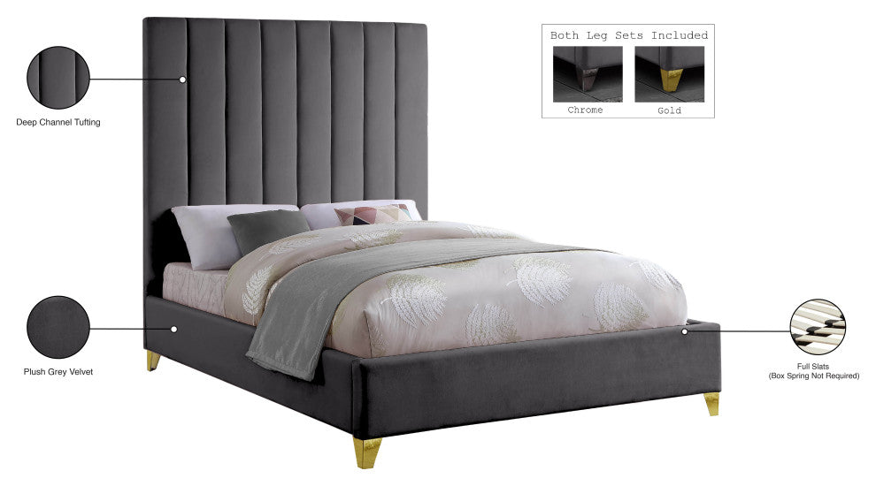 Via Velvet Upholstered Bed, Gray, Queen