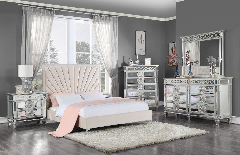 ACME Faiz Eastern King Bed, Beige Velvet