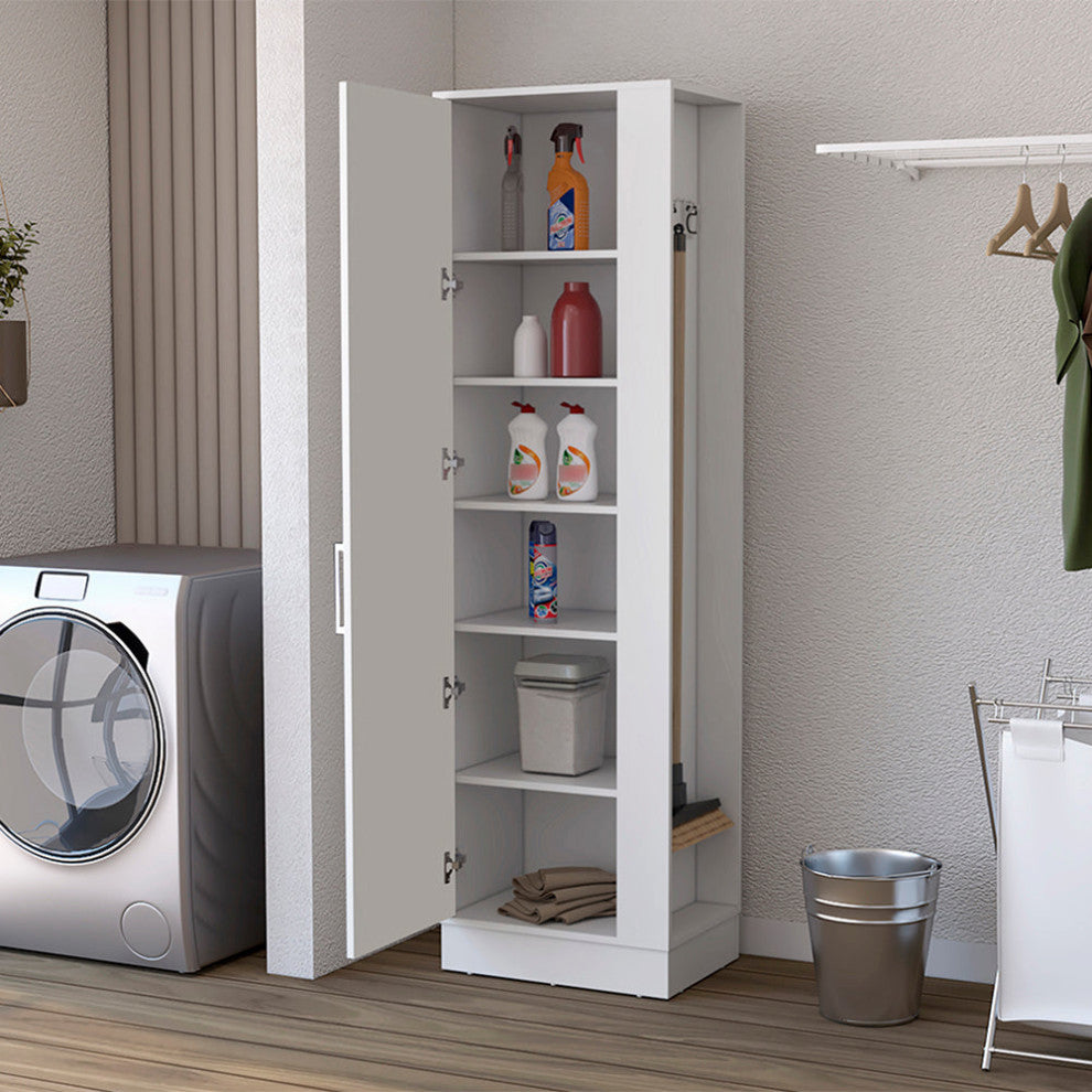 Lifestyle image with the cabinet open showing interior shelving in a real setting.