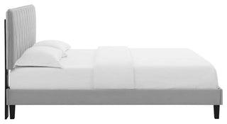 Platform Bed Frame, King Size, Velvet, Light Gray, Modern Contemporary