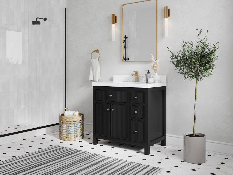 Sonoma 36 Center Sink Reeded Bath Vanity in Black 2" Empira White