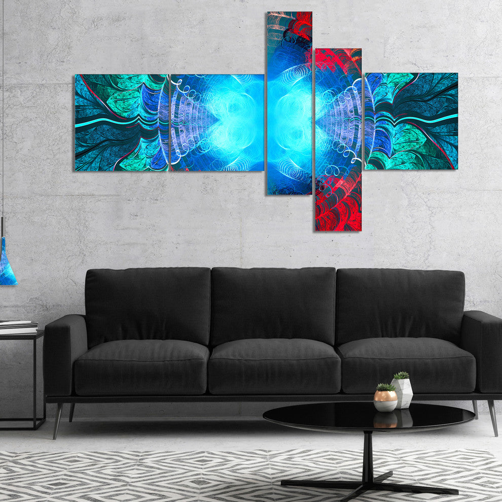 Blue Fractal Circles and Waves, Abstract Canvas Art Print, 60"x32", 5 panels