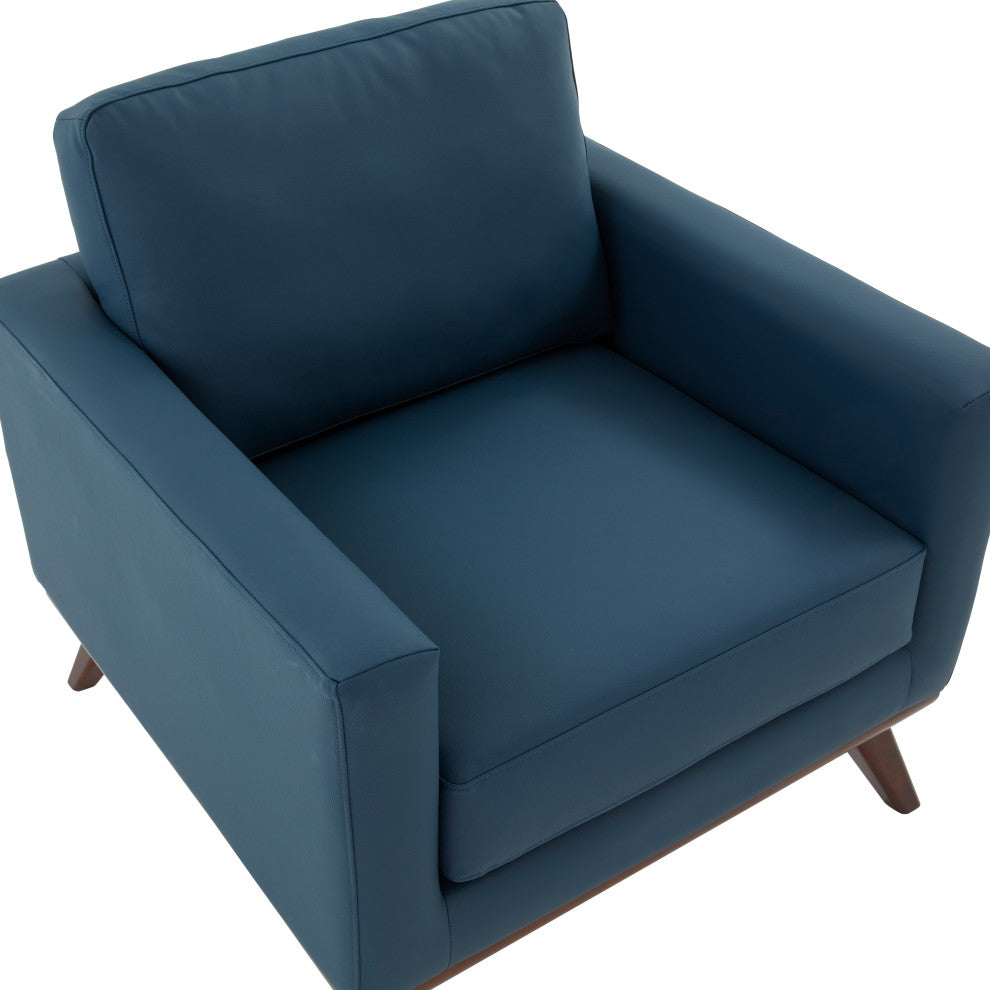 LeisureMod Chester Mid-Century Modern Faux Leather Accent Arm Chair, Navy Blue