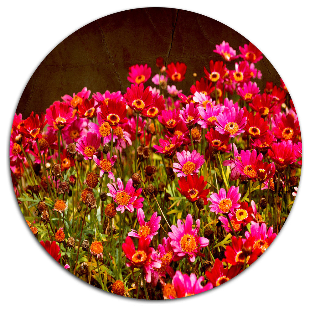 Small Red Flowers In Spring Photo, Floral Large Disc Metal Artwork, 36"