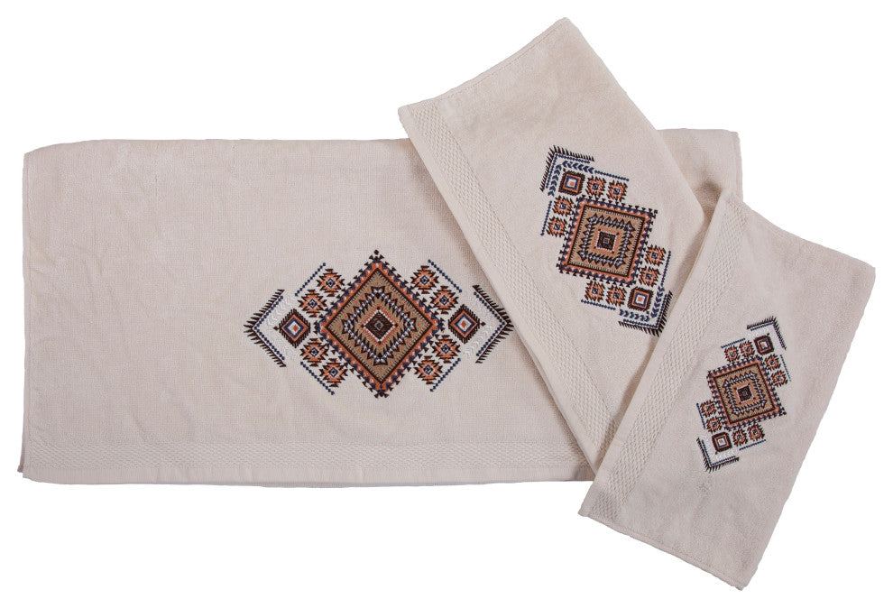 Sedona Embroidered Aztec Towel Set, Cream, 3 Piece