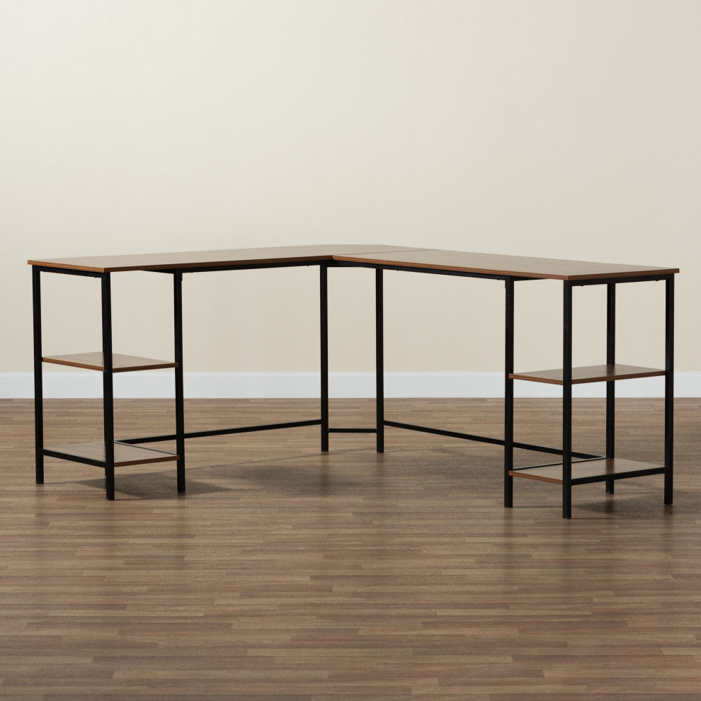 Marinda Walnut Brown L-Shaped Corner Desk with Shelves
