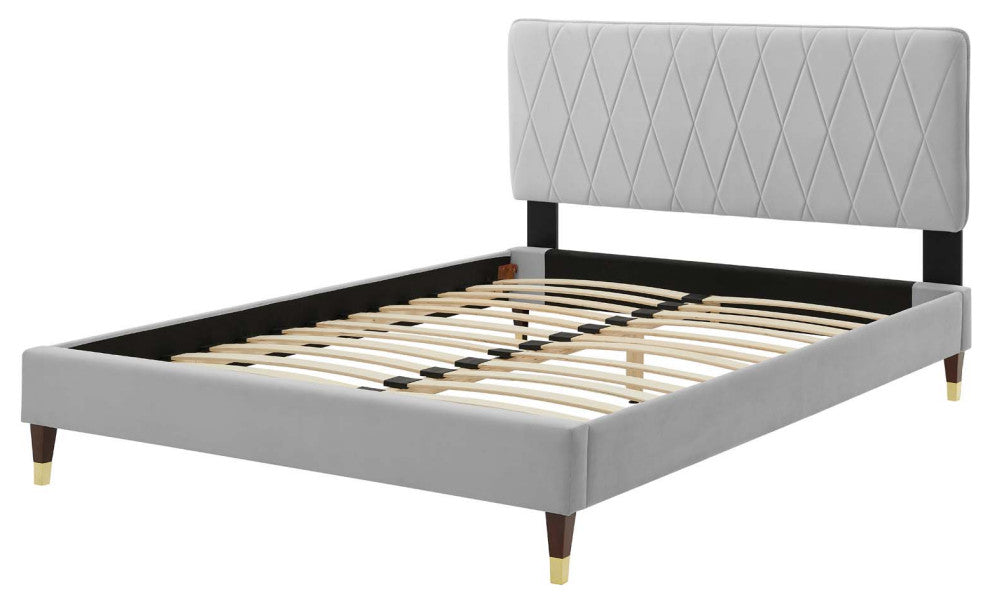 Platform Bed Frame, Queen Size, Velvet, Light Gray, Modern Contemporary