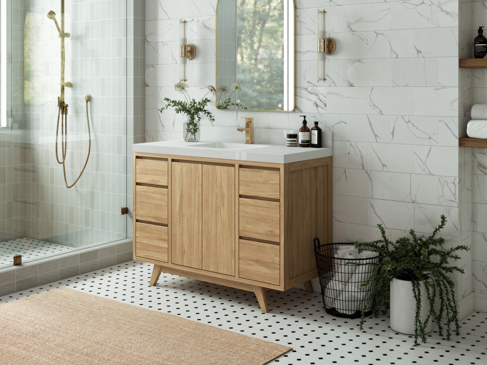 Madison Teak 48 Single Sink Bath Vanity in Light Natural 2" Carrara Quartz
