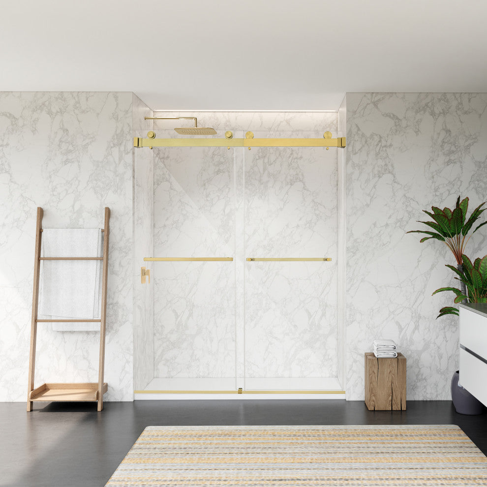 Frameless Exposed Roller Shower Door, Brushed Gold, 60" W X 76" H