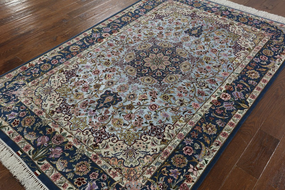 Super Fine Signed Authentic Persian Isfahan Hand Knotted Silk Area Rug, 5'x8'