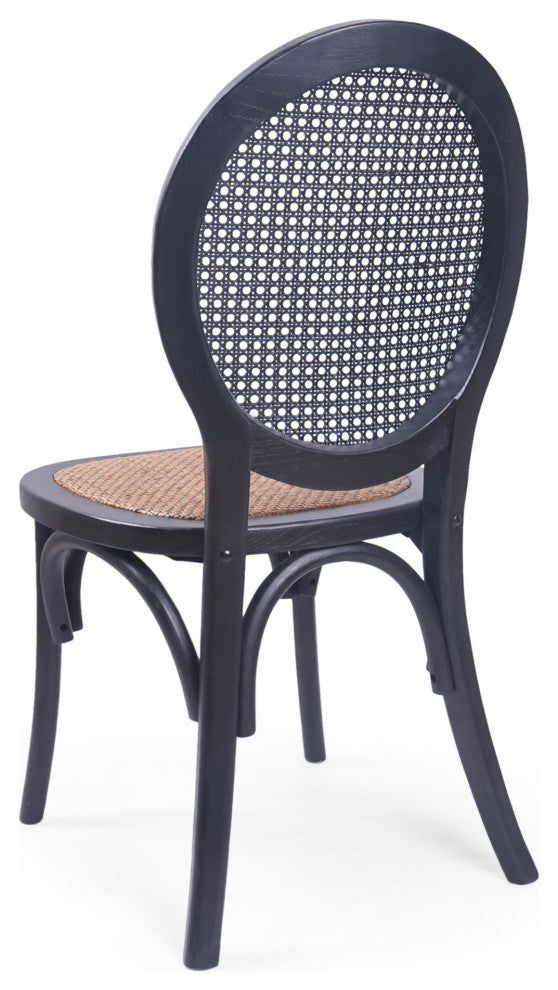Bordeaux Elm Wood and Rattan Dining Chairs, Set of 2, Matte Black