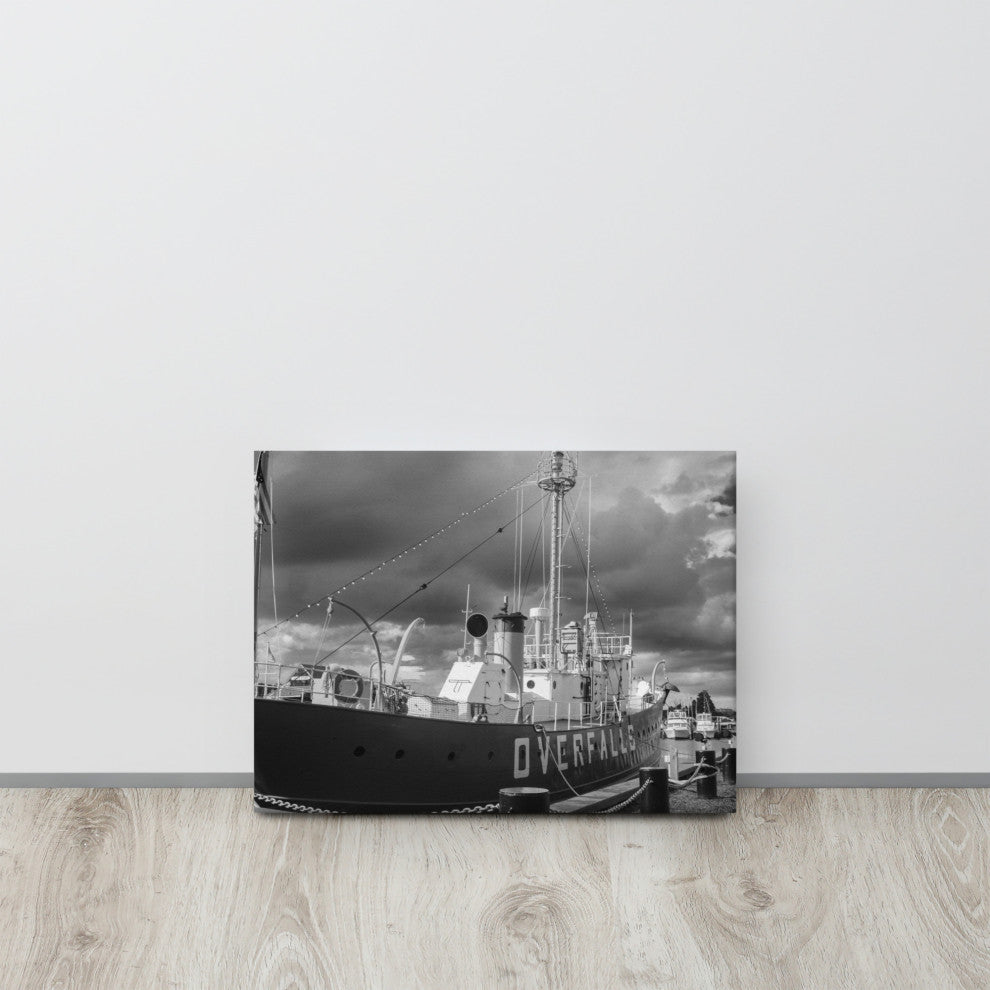 Overfalls Lightship Black & White Photo Canvas Wall Art Print, 12" X 16"