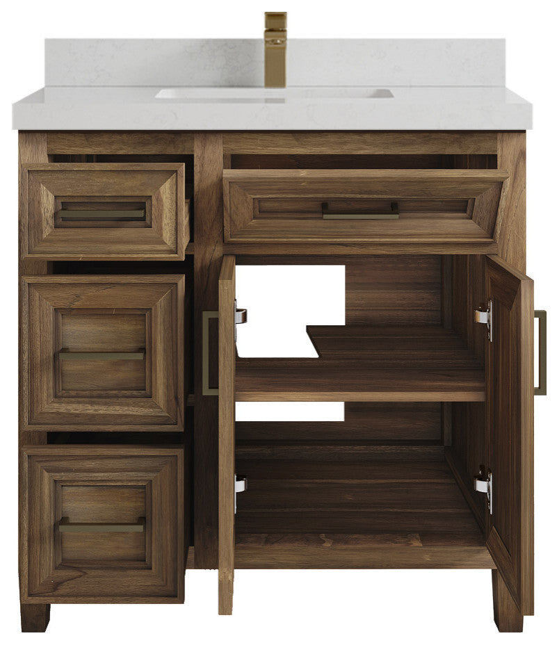 Santa Monica 36 Center Sink Bath Vanity in Graywashed Teak 2" Carrara Quartz