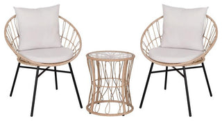 Devon 3-Piece Bistro Set, 2 Papasan Chairs w/Cushions, Glass Top Side Table, Tan