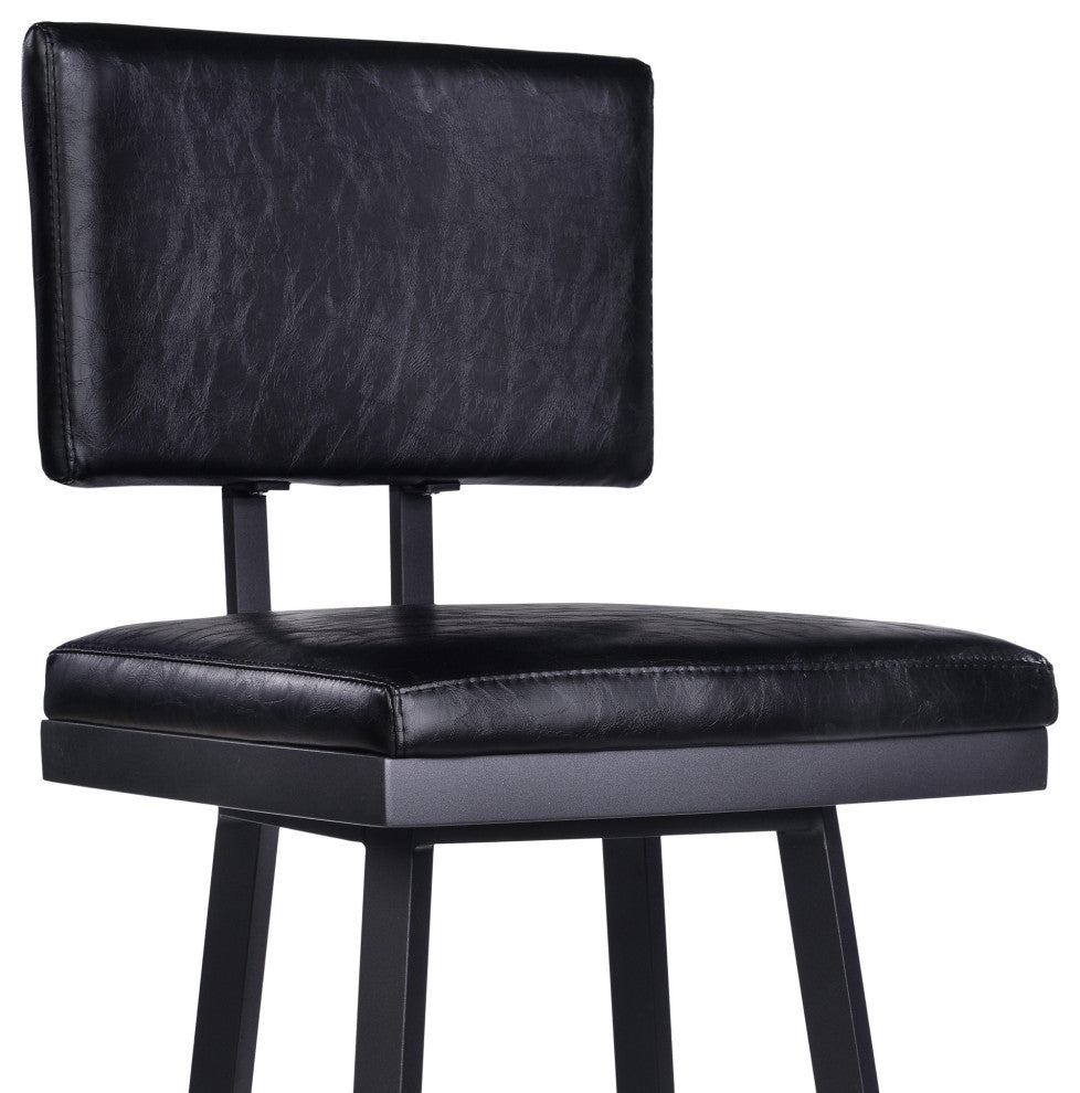 26" Vintage Black on Black Faux Leather Rectangular Swivel Armless Bar Stool