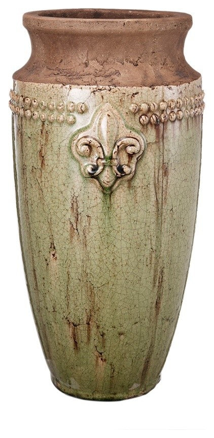 Ceramic Bronzed Decorative Vase With Embossed Design, Green and Brown