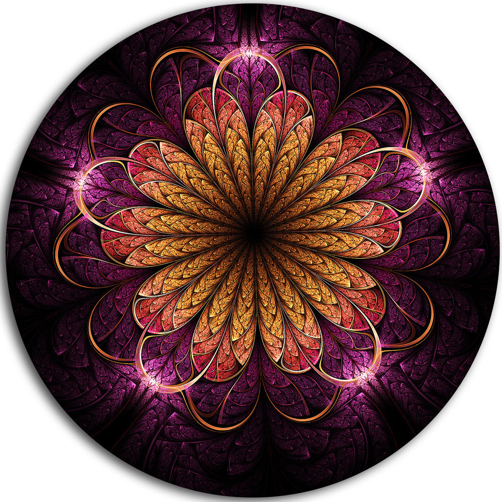 Glittering Gold Purple Fractal Flower, Floral Disc Metal Artwork, 36"