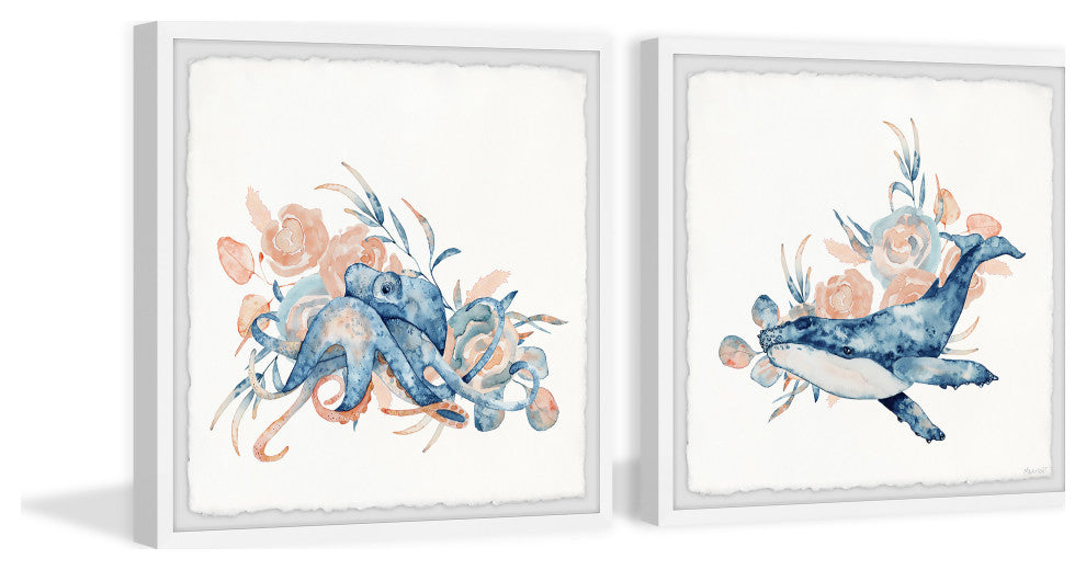 Octopus and Whale Diptych, 2-Piece Set, 24x24 Panels
