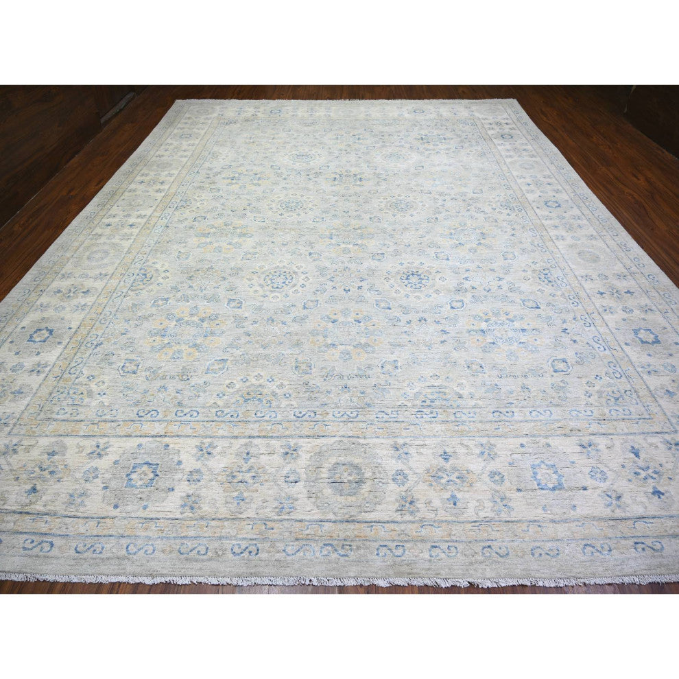 Ivory White Wash Peshawar Wool Hand Knotted Oversized Oriental Rug 11'9"x14'8"