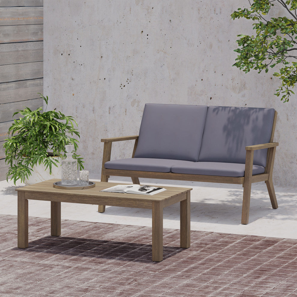 Avacyn Outdoor Acacia Wood Loveseat and Coffee Table Set with Cushions, Gray + Dark Gray