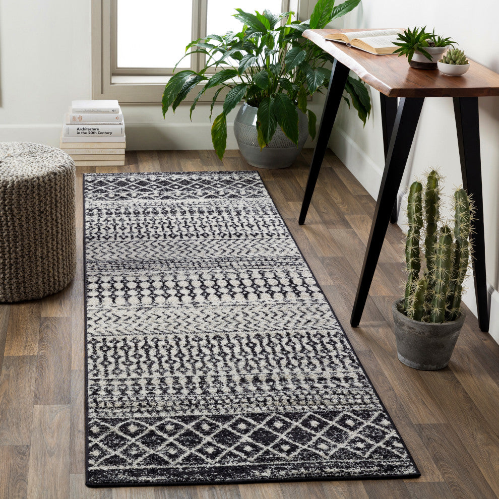 Elaziz Bohemian Global Gray, Black Area Rug, 2'7"x7'6" Runner