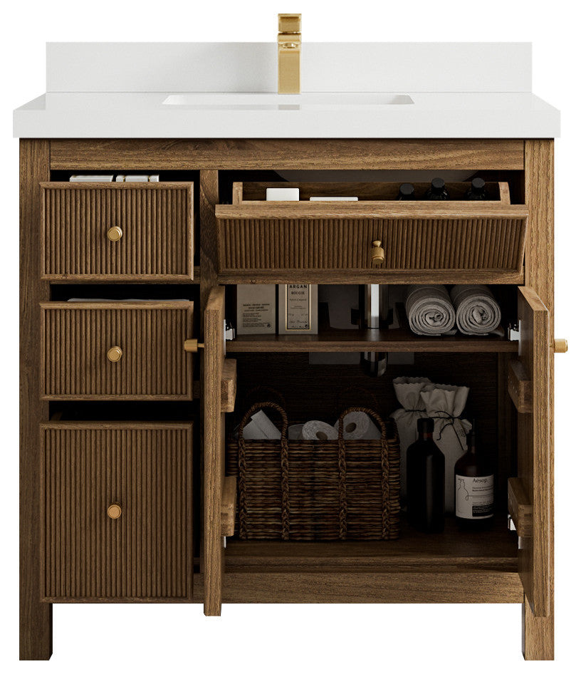 Sonoma Teak 36 Center Sink Bath Vanity in Dark Natural with 2" White Quartz
