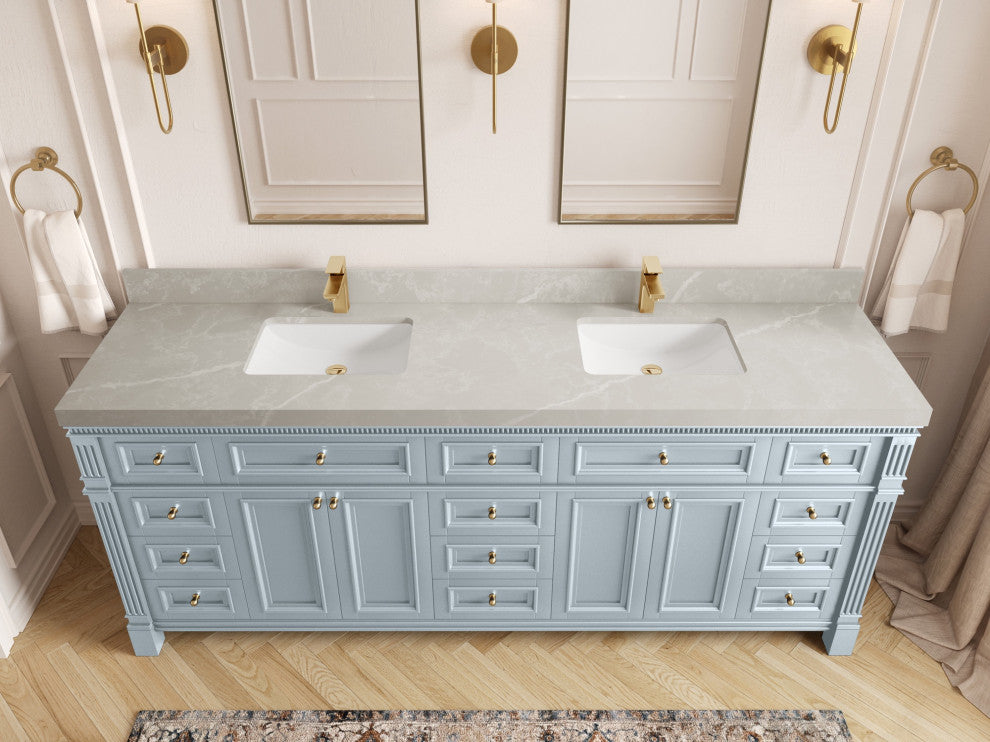 Paris 84" Double Sink Bathroom Vanity, Blue Heather 2" Pearl Gray