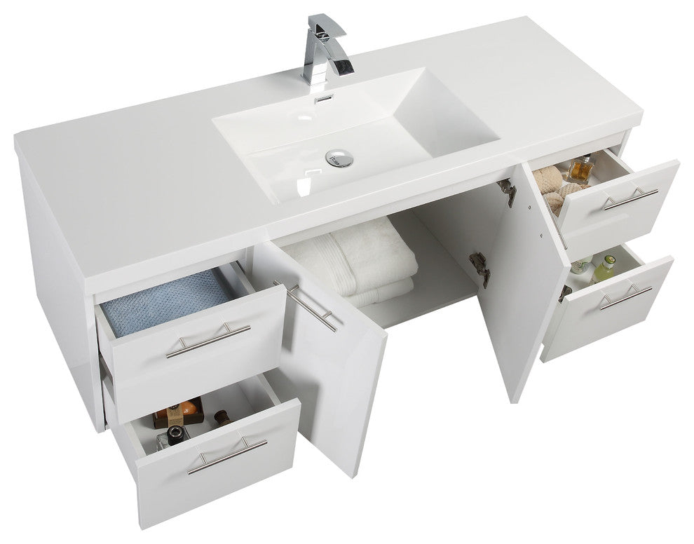Alma Luxury Glossy White Floating Vanity with Sink, 60" Single Sink