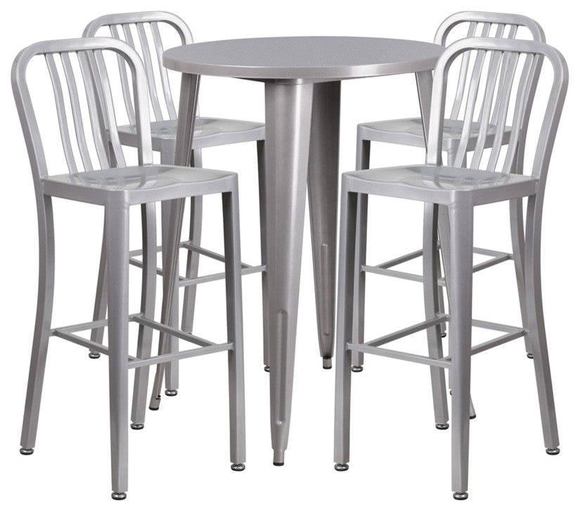 30" Metal Bar Table Set With 4 Vertical Slat Back Barstools, Silver