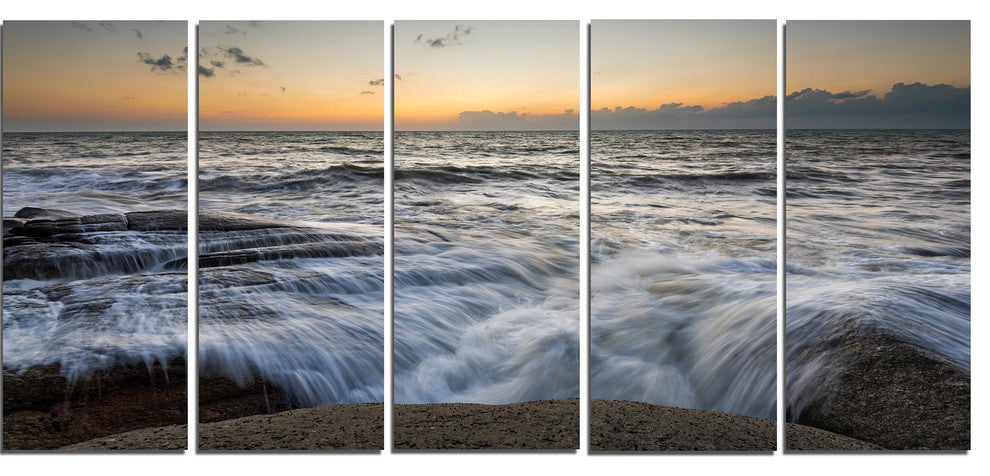 Troubled Sunset Sea Waves, Beach Photo Canvas Print, 60"x28", 5 Panels