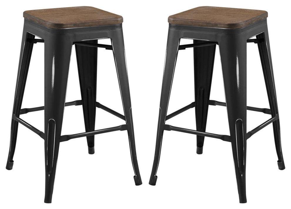 Counter Stool Chair, Set of 2, Wood, Metal, Black, Modern, Bar Pub Restaurant