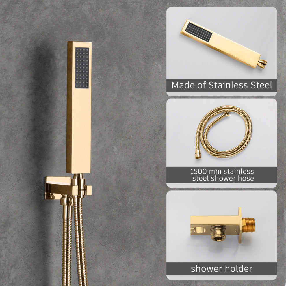 CASAINC 10" Wall Mounted Luxury Dual Rainfall Shower System Kit w Bathtub Spout, Gold