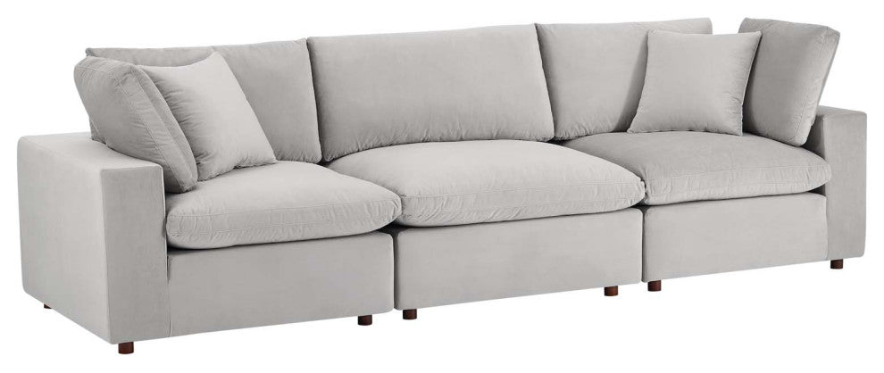 Commix Down Filled Overstuffed Performance Velvet 3-Seater Sofa Light Gray