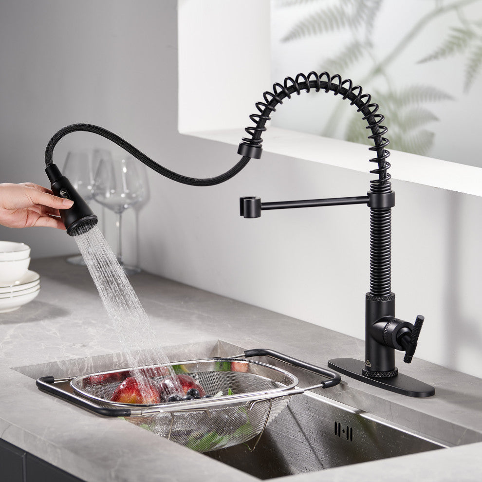 Single Handle Kitchen Faucet Pull-Down Sprayer, 360 Swivel, Three Functions, Matte Black