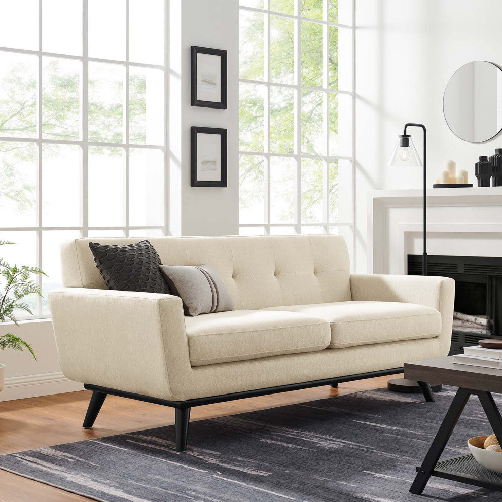 Loveseat Sofa, Beige, Fabric, Modern, Mid Century Hotel Lounge Cafe Lobby