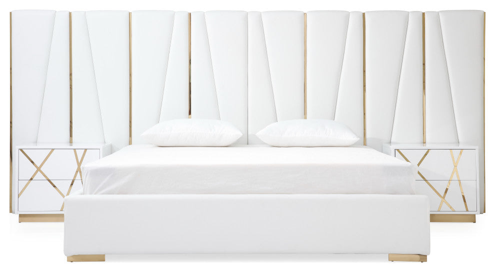 Modrest Nixa White + Rose Gold Bed + Nightstands, Eastern King