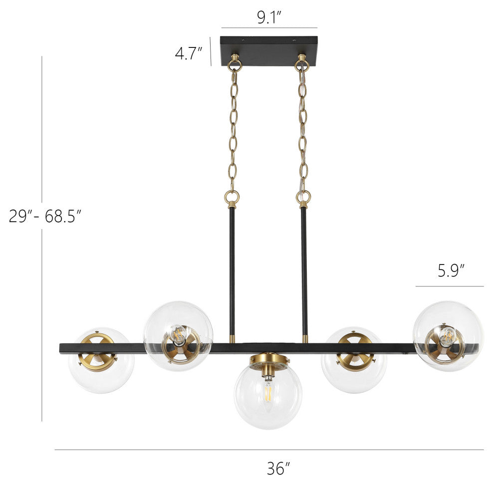5-Light Kitchen Island Linear Pendant Chandelier, Black