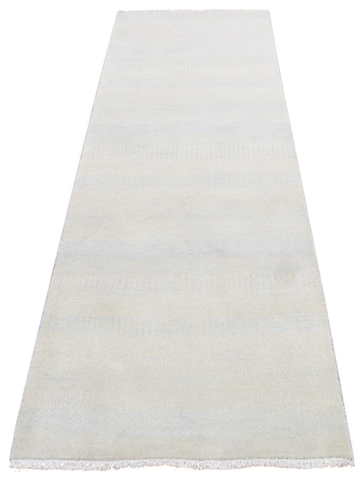 Ivory, Grass Design Gabbeh, Wool and Silk, Hand Knotted, Runner Rug, 2'7"x8'4"
